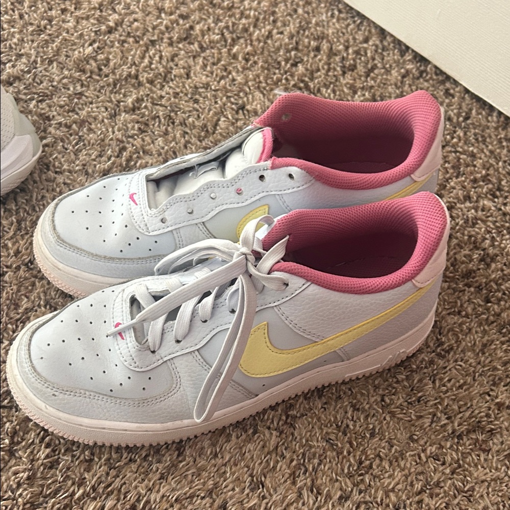 Nike White Sneakers with Pink Interior and Yellow Swoosh